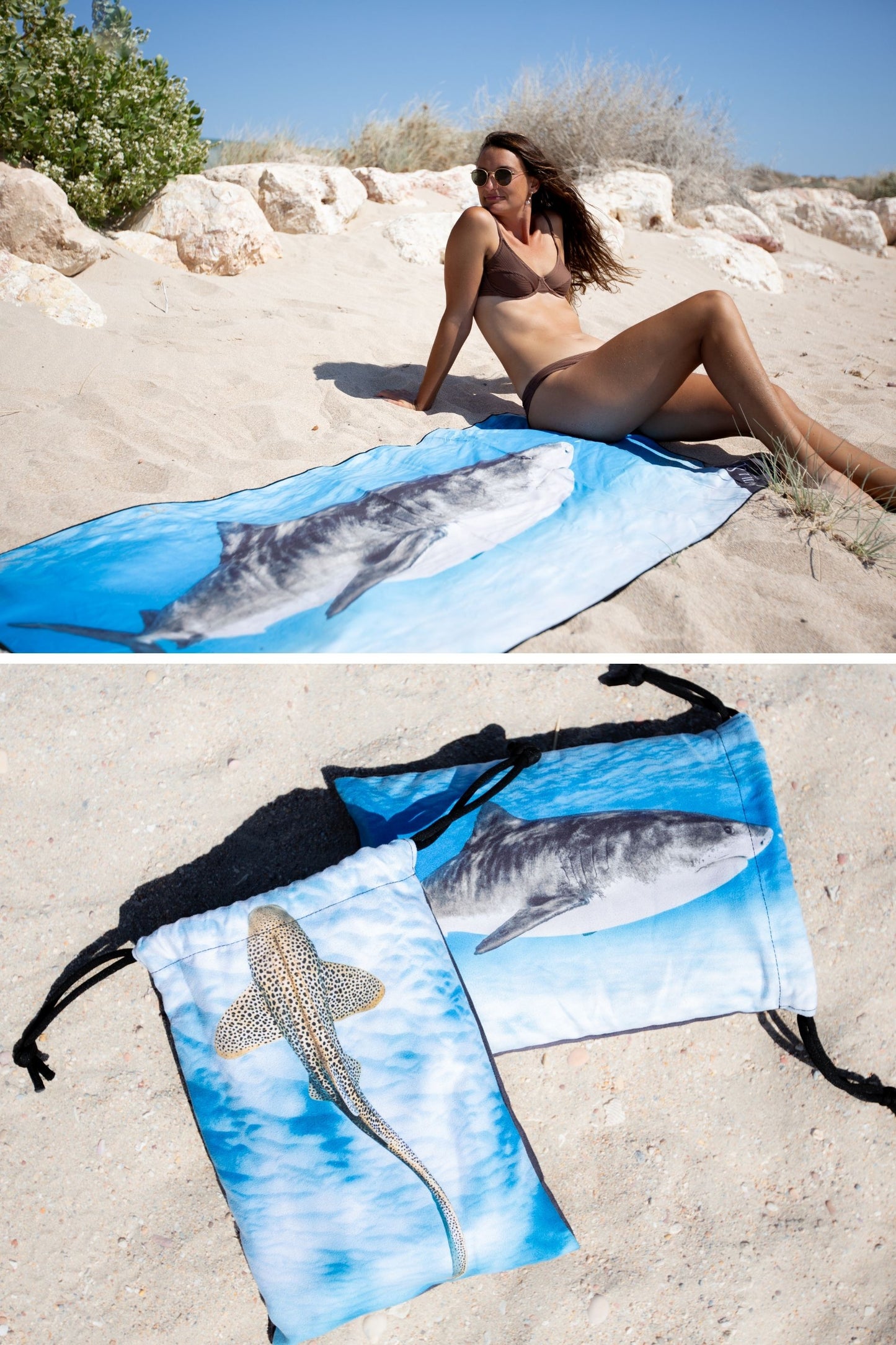 Will and Wind x Jake Wilton Tiger Shark Travel Towel. Light weight, Quick Dry, Compact, Sand Free, 160cm x 80cm
