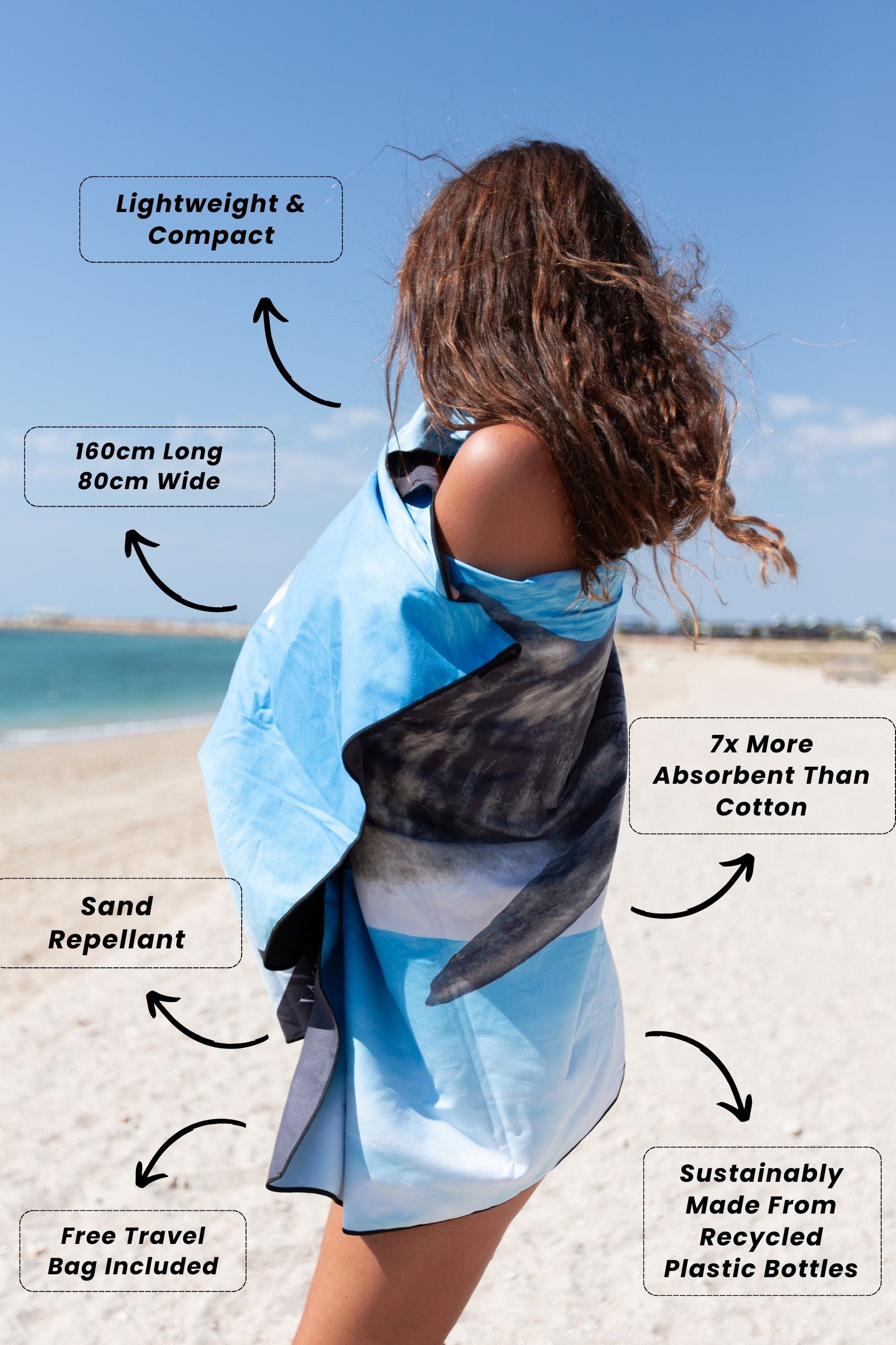 Will and Wind x Jake Wilton Tiger Shark Travel Towel. Light weight, Quick Dry, Compact, Sand Free, 160cm x 80cm