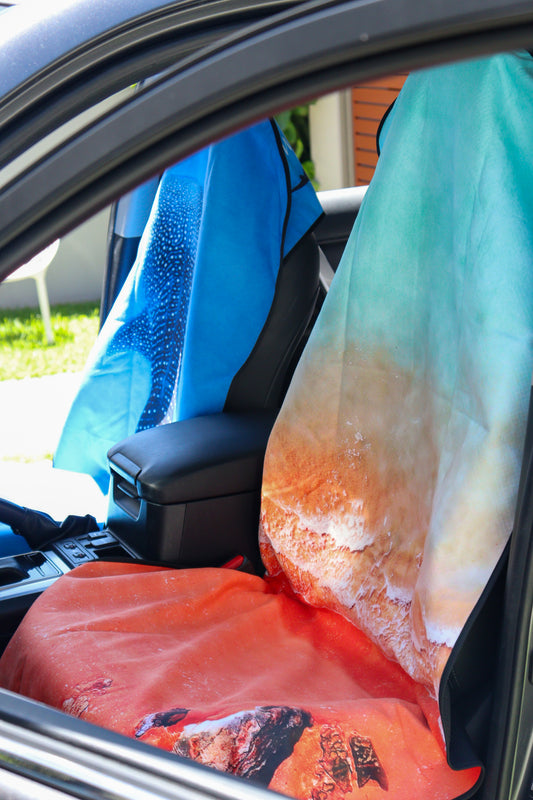 Whale Shark and Kimberley Will & Wind car seat towels in car alternate view